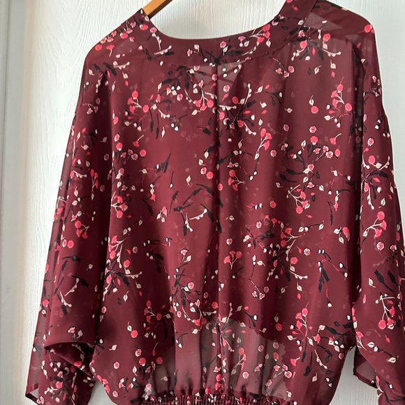 Express Sheer Flowing Dressy Blouse Floral Burgundy Shade - Picture 2 of 6